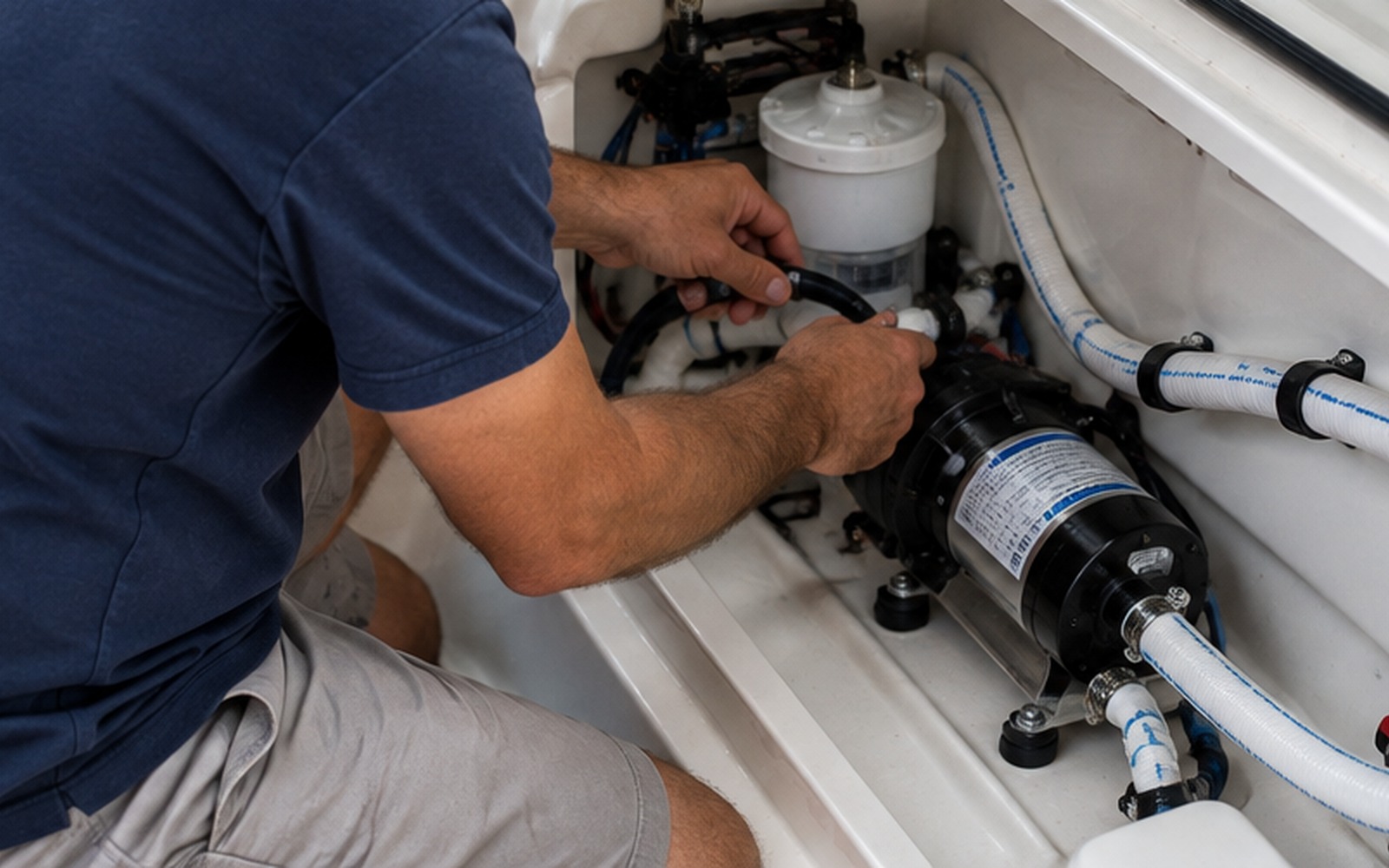 Marine technician servicing a freshwater pump, hoses and fittings