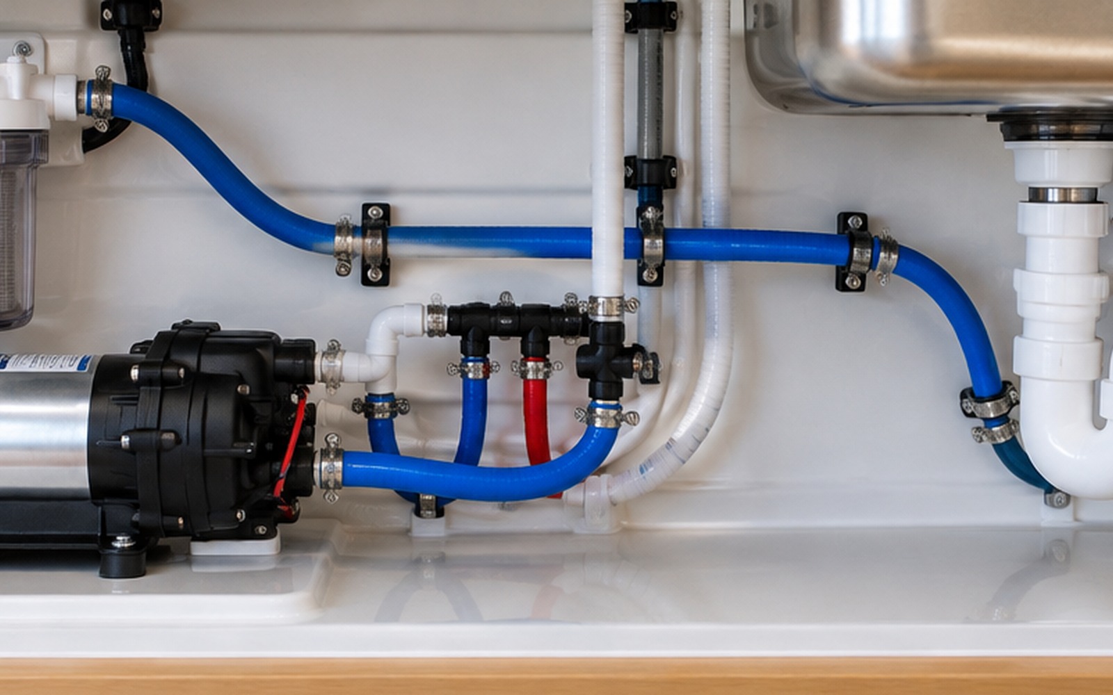 Clean marine plumbing installation with pump, filter, hoses and drain fittings